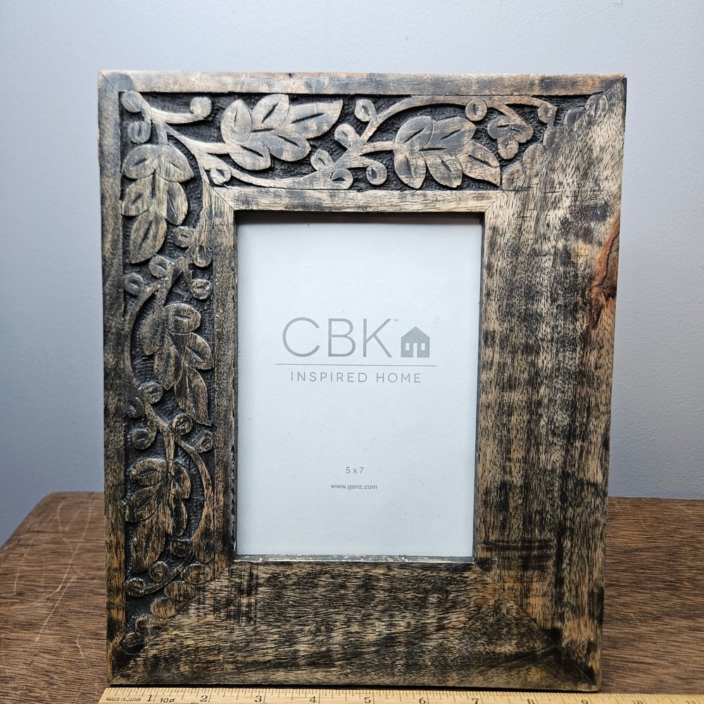 CBK Inspired Home Ganz Wood 5x7 Picture Frame Hand Carved Leaf Rustic Brown